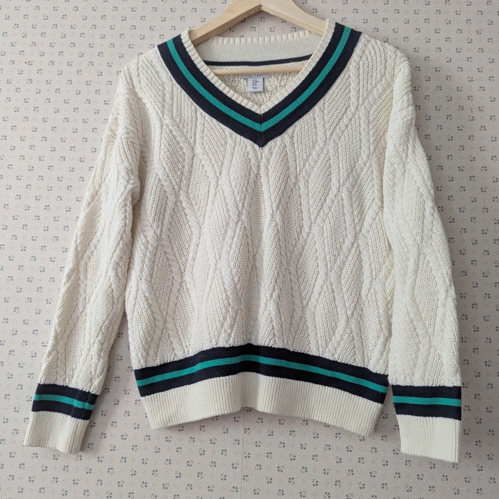 Nicole Miller Pullover XL Cream  V-Neck Sweater Tenniscore Preppy Academia